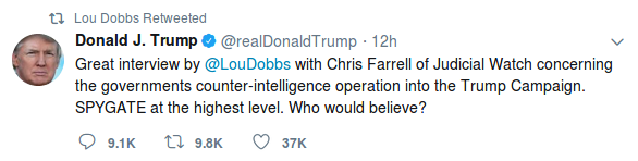 Name:  Lou Dobbs ReTweet, Trump Tweet, 5 June 2018, Chris Farrell Interview, SPYGATE.png
Views: 93
Size:  25.5 KB